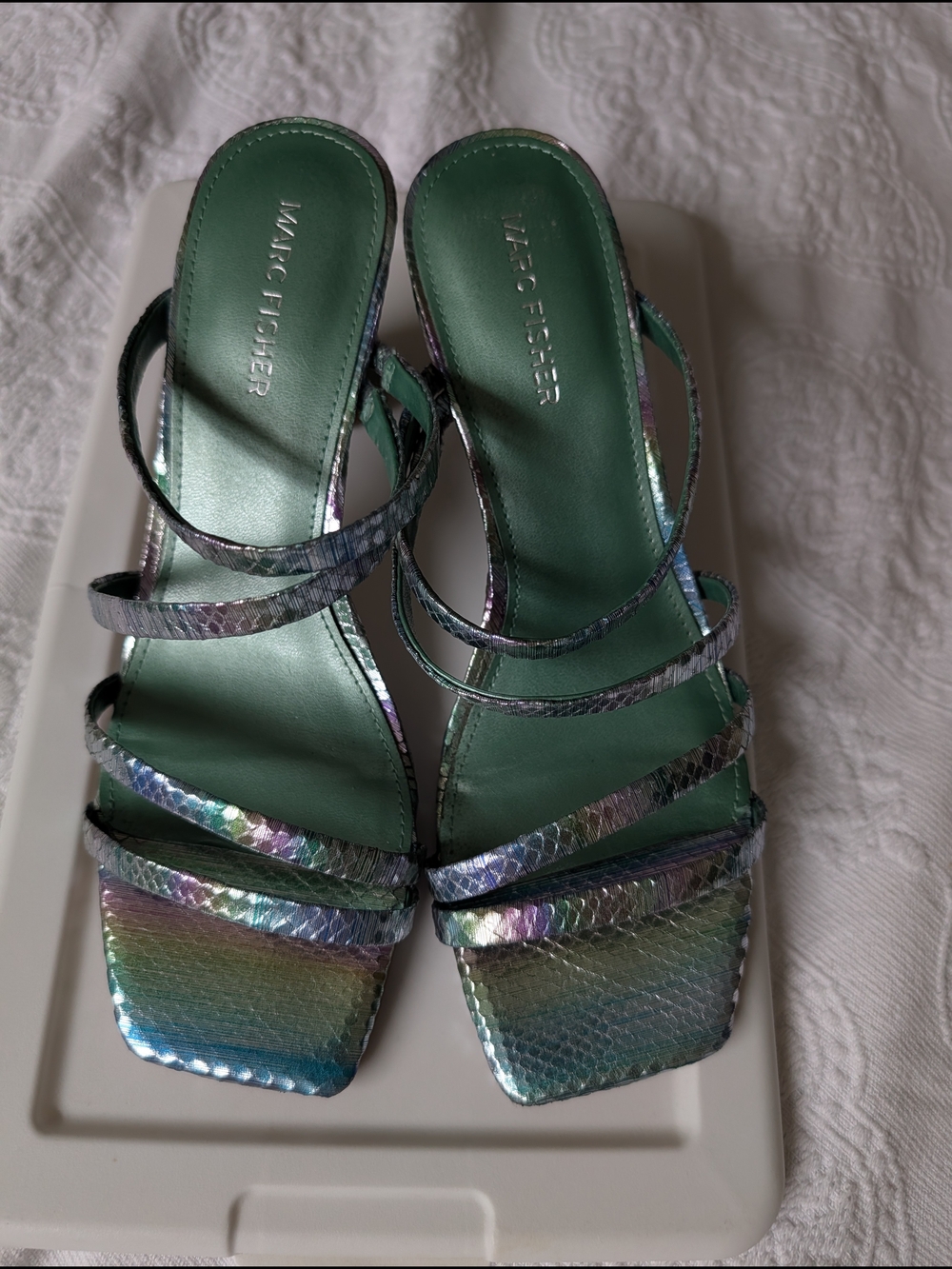 Marc Fisher Iridescent Multi-Strap Square Toe Heels in Green